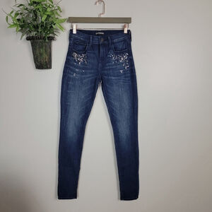 Express 2 Mid Rise Legging Jeweled Rhinestone Pearl Skinny Dark Jegging Jeans